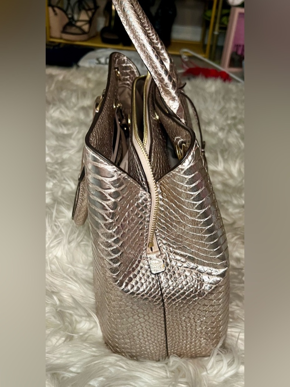 Michael Kors Metallic Golden BronzeSnake-Embossed Top-Handle Satchel - Picture 9 of 16